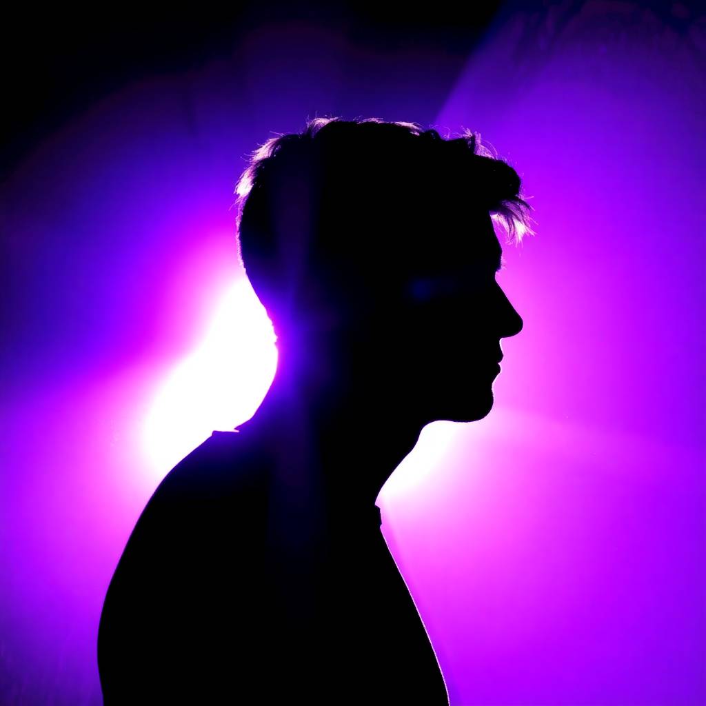Silhouetted Backlighting, Deep Ultraviolet Hues, Vivid Purples, High Contrast, Light Source Behind Subject, Illustrating Obsession